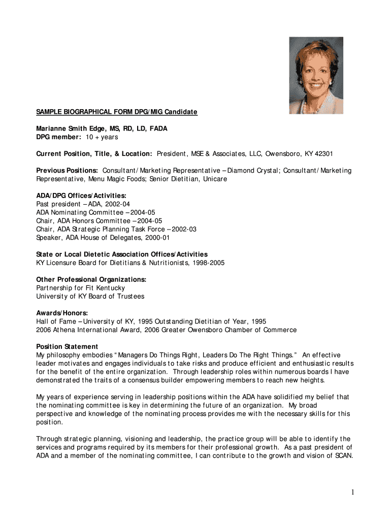 SAMPLE BIOGRAPHICAL FORM DPGMIG Candidate Marianne Smith Vndpg