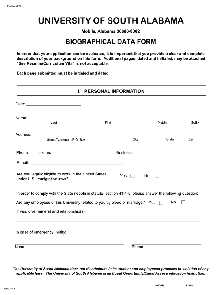 Get and Sign Biographical Data  Form 2010