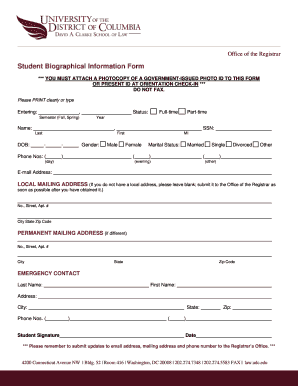 Student Biographical Information Form School of Law University Law Udc