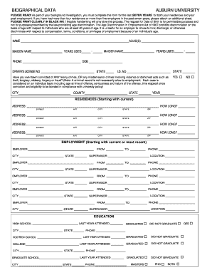 Biographical Data Form Auburn University Auburn