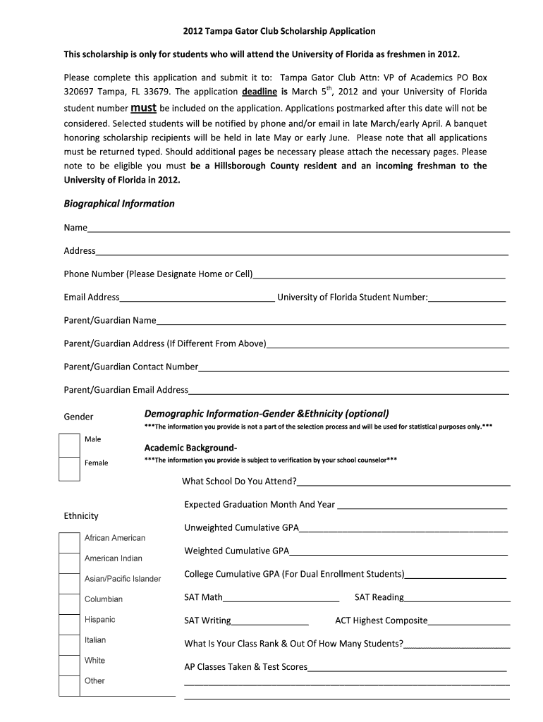 TGC Scholarship Application Filable Tampa Gator Club  Form