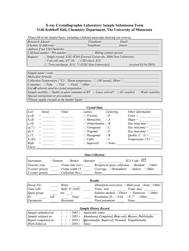 X Ray Crystallographic Laboratory Sample Submission Form Chem Umn