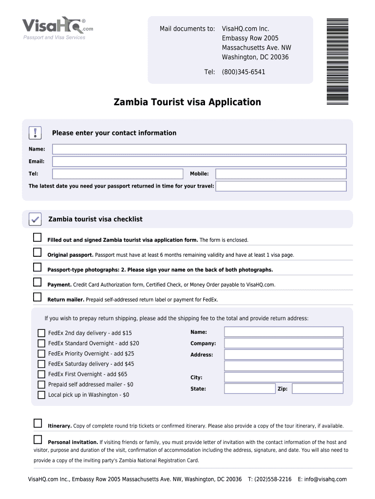 Get and Sign Zambia Tourist Visa Application  Zambia Visa  VisaHQ  Form
