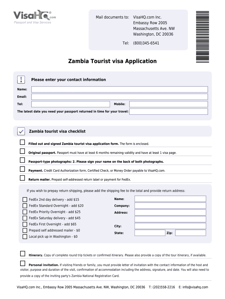 Zambia Tourist Visa Application  Zambia Visa  VisaHQ  Form