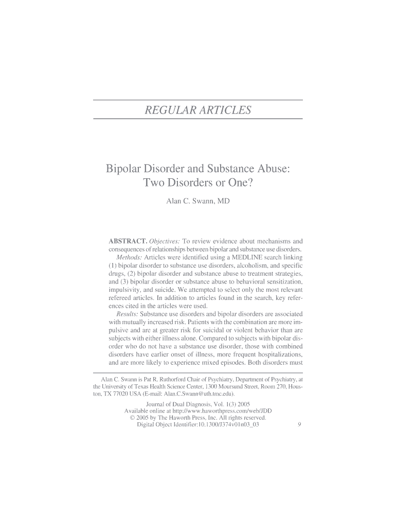 REGULAR ARTICLES Bipolar Disorder and Substance Abuse PsyBC Form