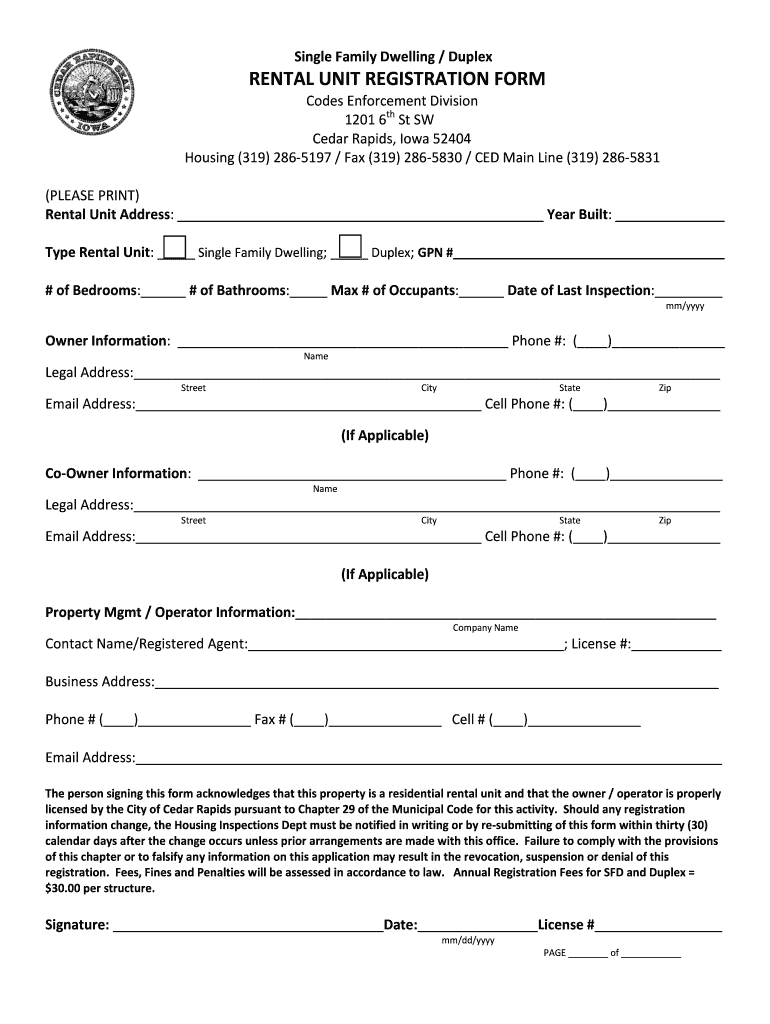 RENTAL UNIT REGISTRATION FORM Cedar Rapids