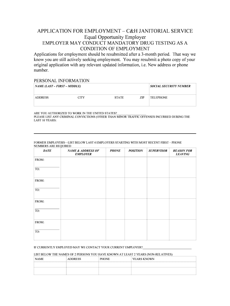 APPLICATION for EMPLOYMENT C&amp;H JANITORIAL SERVICE  Form