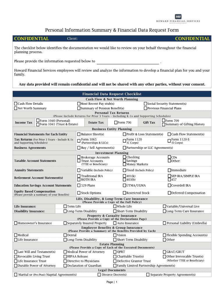 Personal Information Summary &amp; Financial Data Request Form