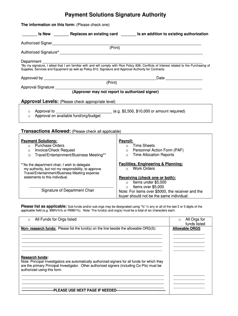 Payment Solutions Signature Authority  Professor Rice  Form