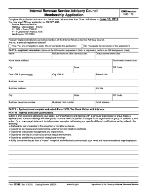 Internal Revenue Service Advisory Council Membership Application Complete This Application and Return it to the Address below No  Form