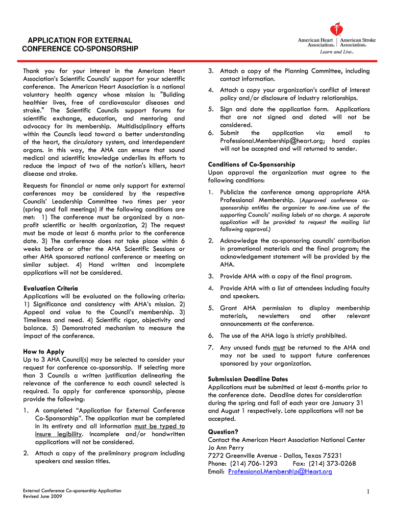  American Heart Association Scientific Councils Application for External Conference Co Sponsorship Form 2009-2024