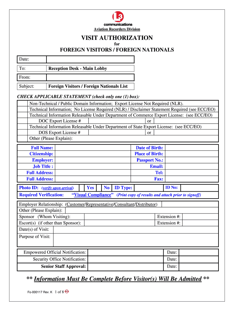 Foreign Visitor Request Form at Www L 3ar Com