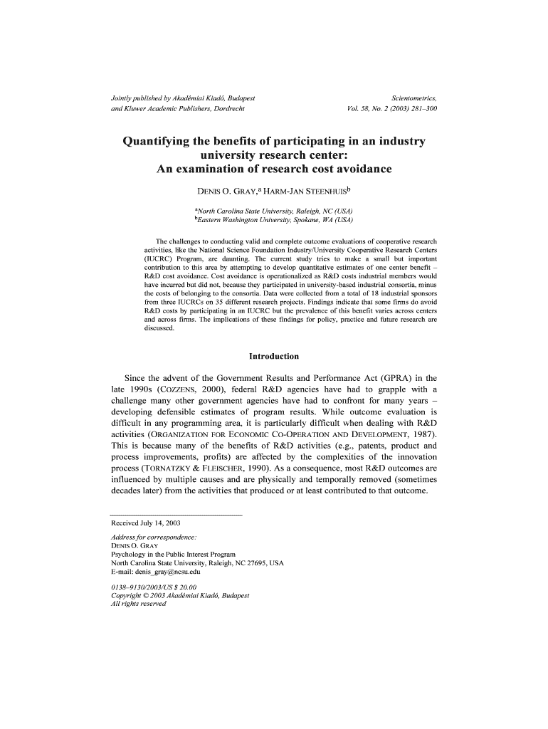 Quantifying the Benefits of Participating in an Industry University Research Center  Form