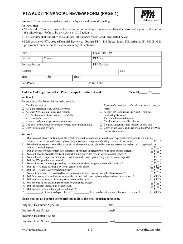 Georgia Pta Audit Financial Review Form