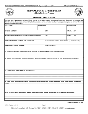 Midwife Reviewer Program Renewal Application Mbc Ca  Form