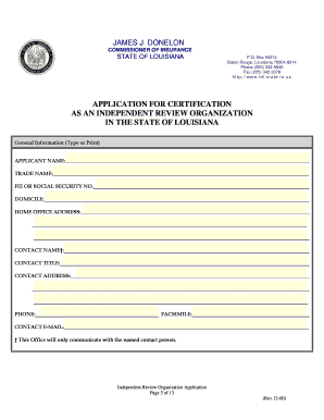 Independent Review Organiztion Certification Application Form Ldi La