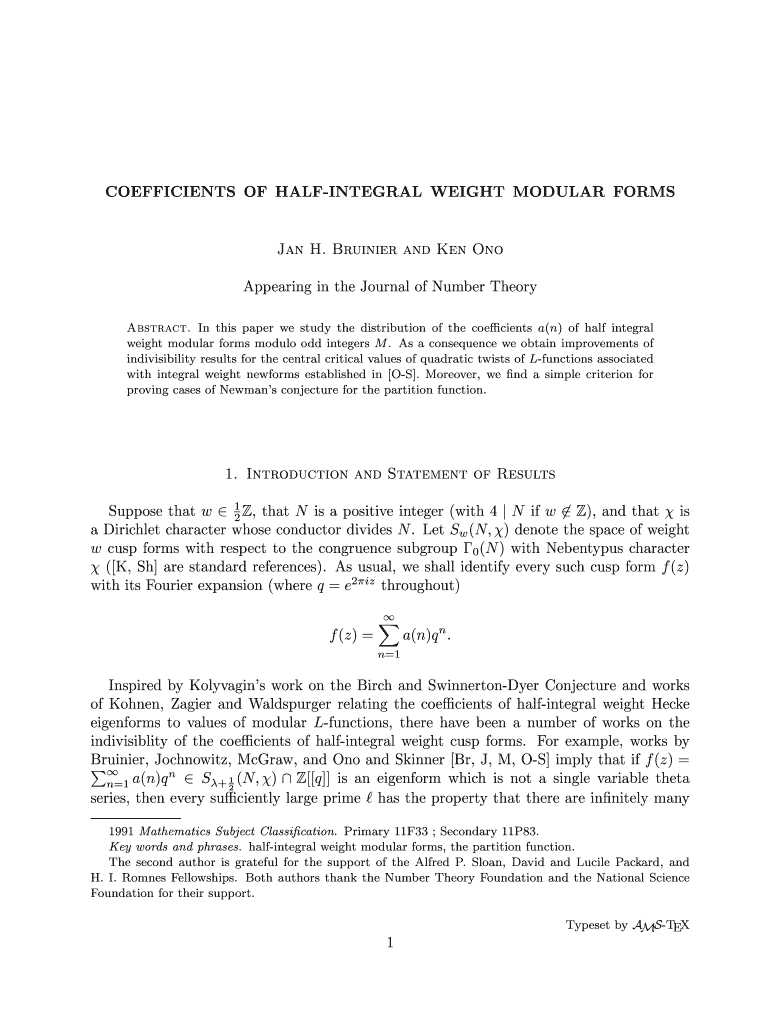 COEFFICIENTS of HALF INTEGRAL WEIGHT MODULAR FORMS Mathcs Emory