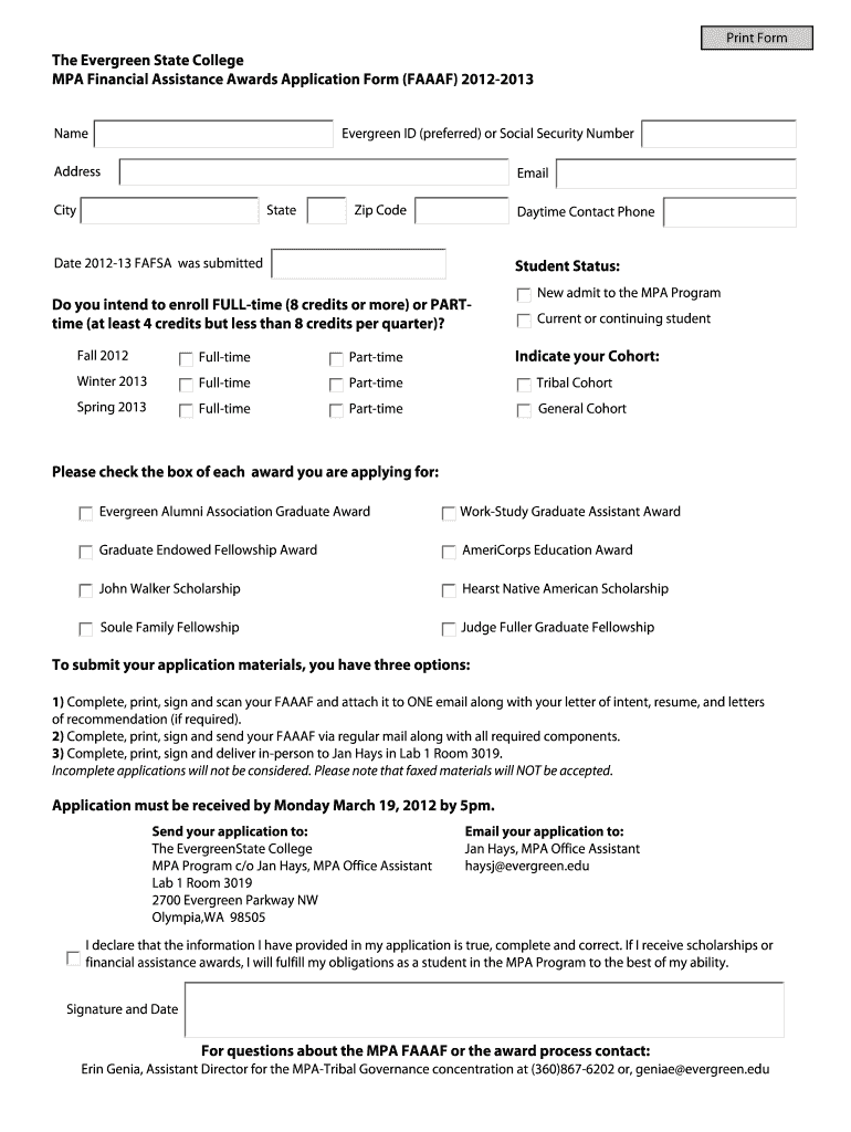 The Evergreen State College MPA Financial Assistance Awards Evergreen  Form