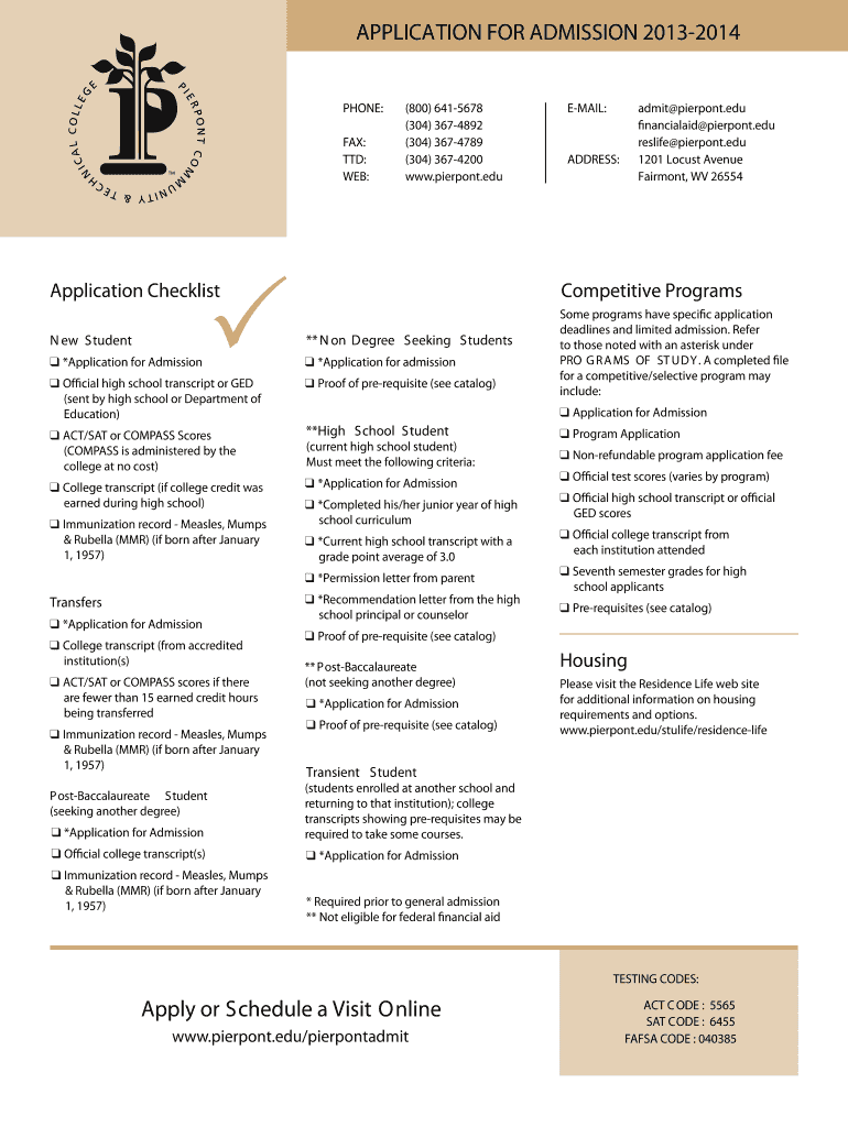 ApplicAtion for Admission   Pierpont  Form