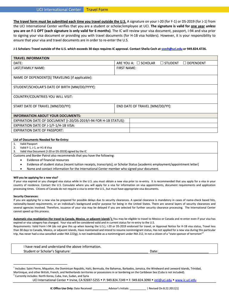 UCI International Center Travel Form