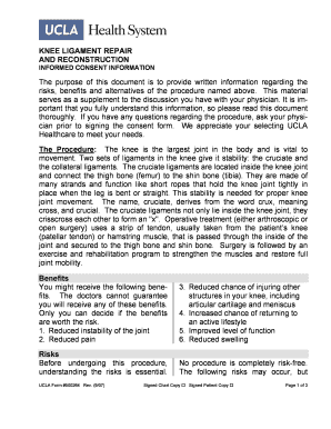 KNEE LIGAMENT REPAIR and RECONSTRUCTION the Purpose  Form