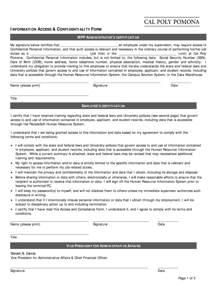 Information Access and Confidentiality Form California State