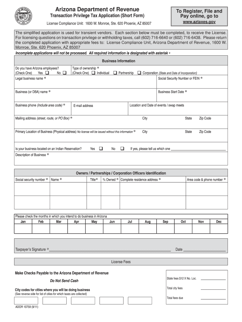  Arizona Transaction Privilege Tax Application Short Form 2011