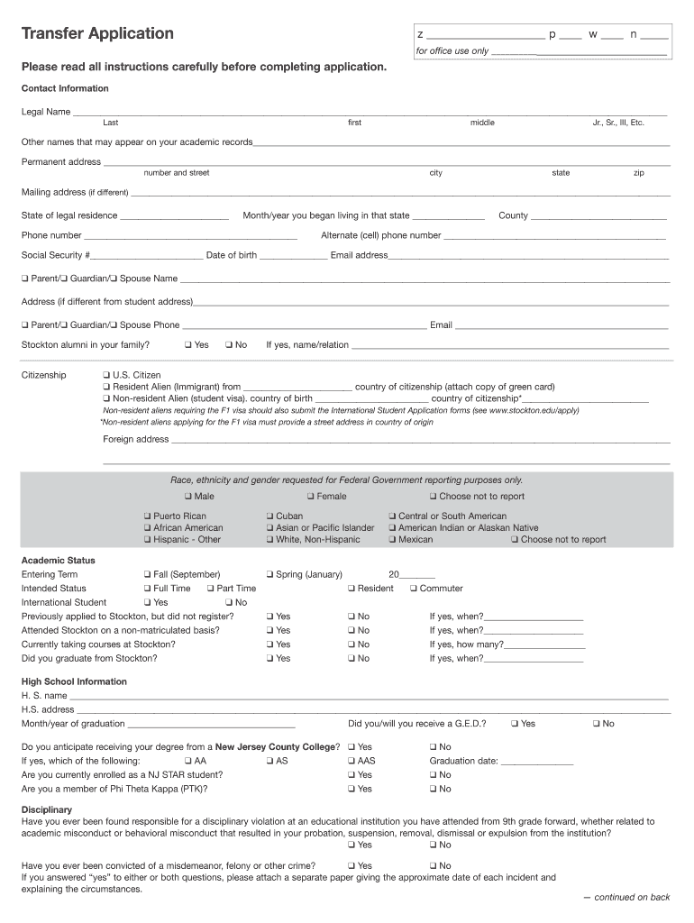 Application for Admission Transfer Students Intraweb Stockton  Form