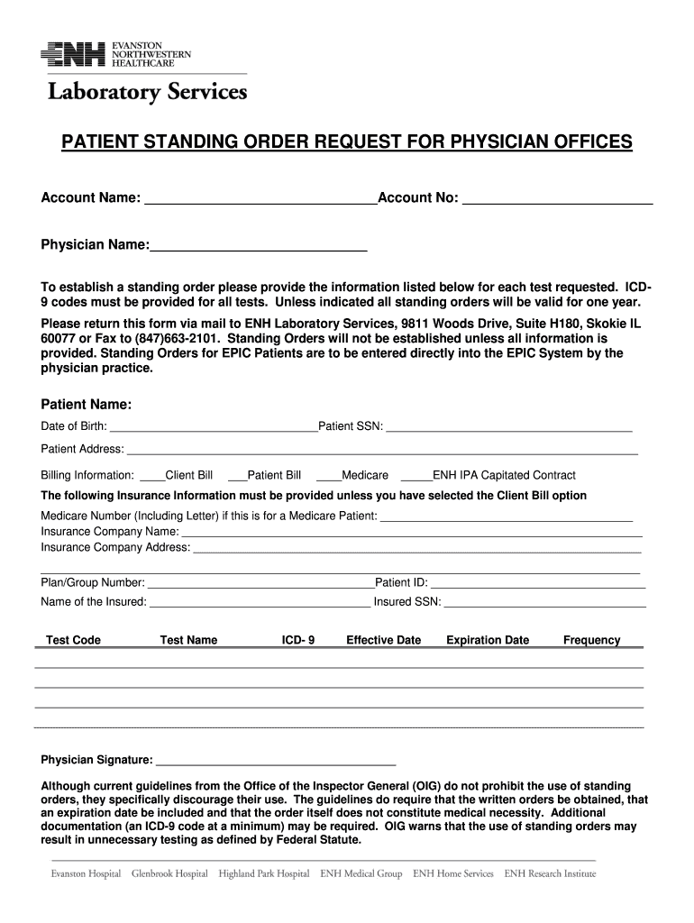 Get and Sign Patient Standing Order Blank Form Rtf  Northshore