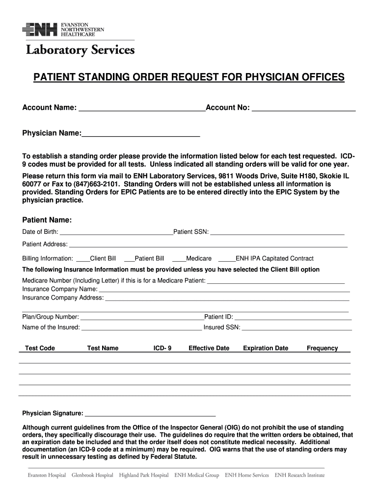 Patient Standing Order Blank Form Rtf  Northshore