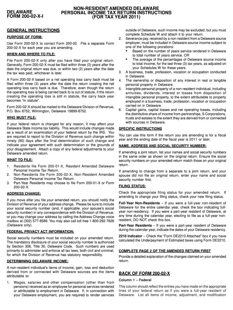 DELAWARE FORM 200 02 X I NON RESIDENT AMENDED    Revenue Delaware