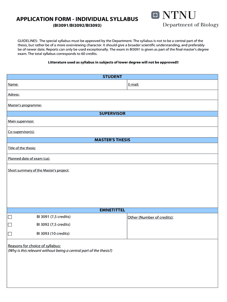 APPLICATION FORM  INDIVIDUAL SYLLABUS  Ntnu