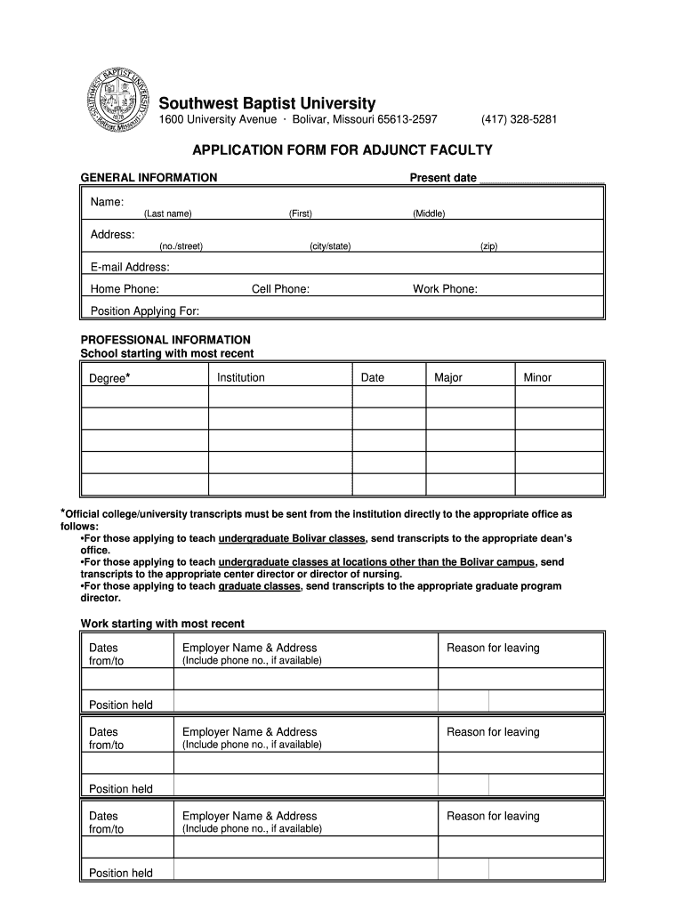 Get and Sign Southwest Baptist University Adjunct Faculty Application Form 2003-2022
