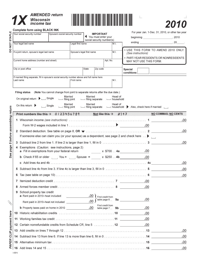 Wisconsin Fill in Amended Form 1x for