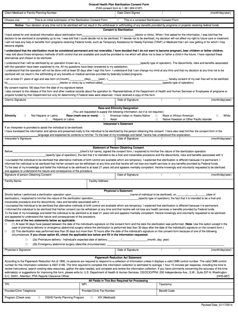 Sterilization Consent Form English Driscoll Health Plan