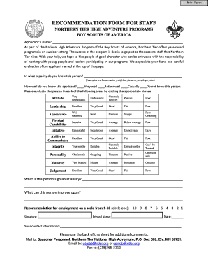 RECOMMENDATION FORM for STAFF Northern Tier High Ntier