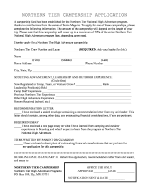 Filliable PDF Northern Tier Campership Application  Form