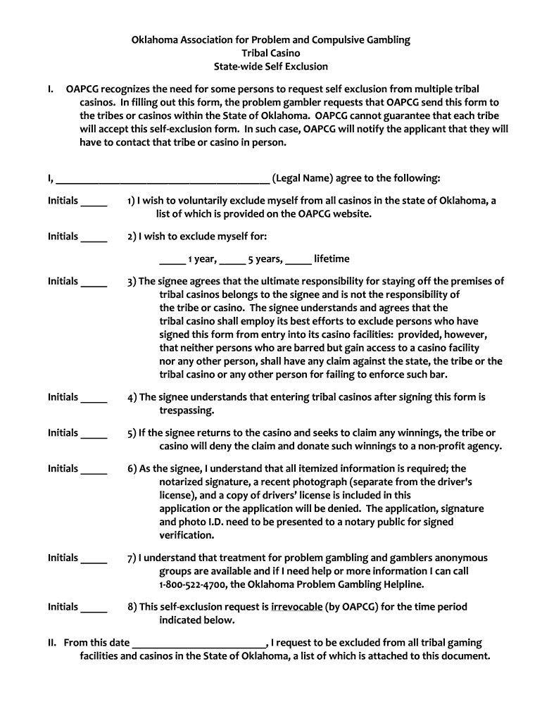 Oklahoma Self Exclusion List  Form