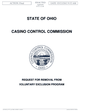 Application for Removal Voluntary Exclusion Program Initial File Codes Ohio  Form