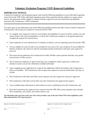 Application for Removal Voluntary Exclusion Program Initial File Codes Ohio  Form