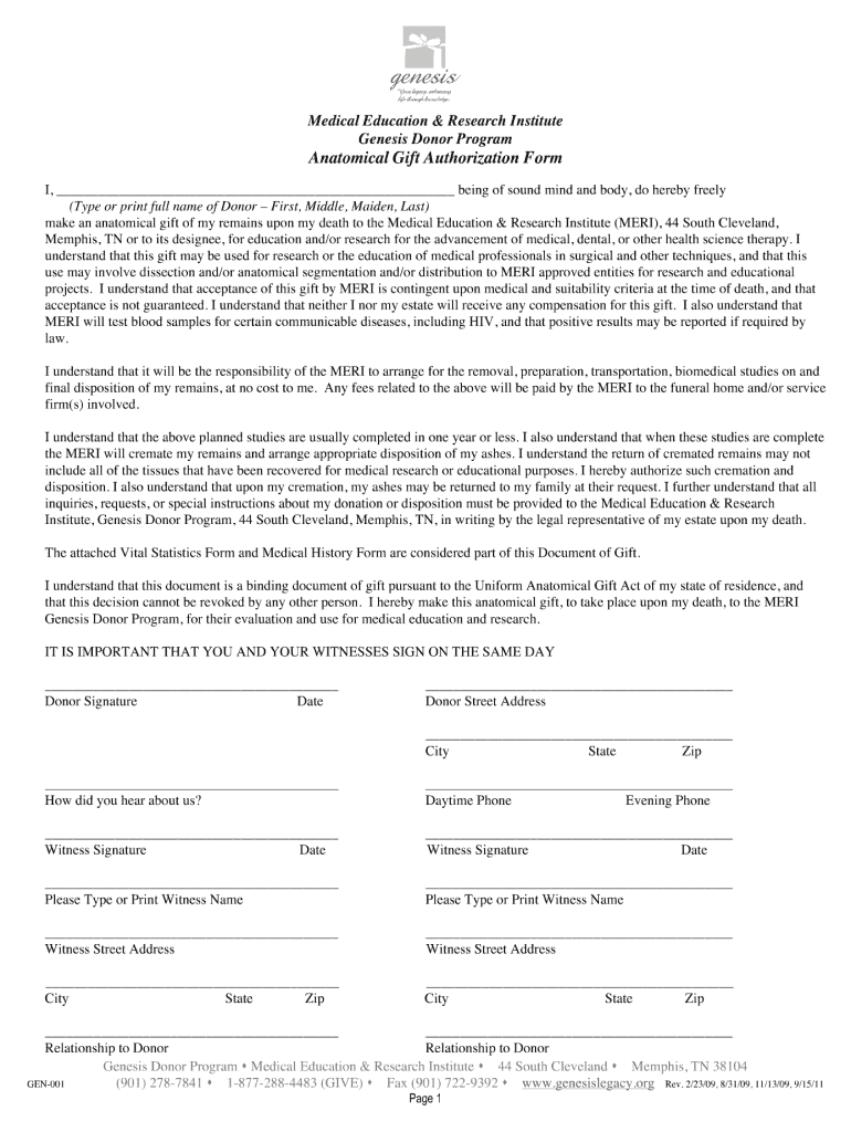  Genesis Donor Program Anatomical Gift Authorization Form 2011-2024