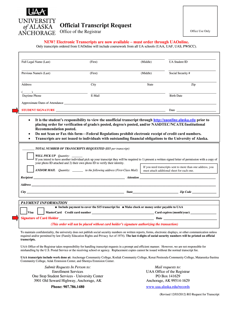  University of Alaska Anchorage Download Official Transcript  Form 2012