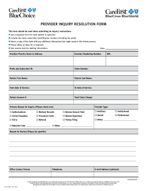  Carefirst Provider Inquiry Resolution Form 2007
