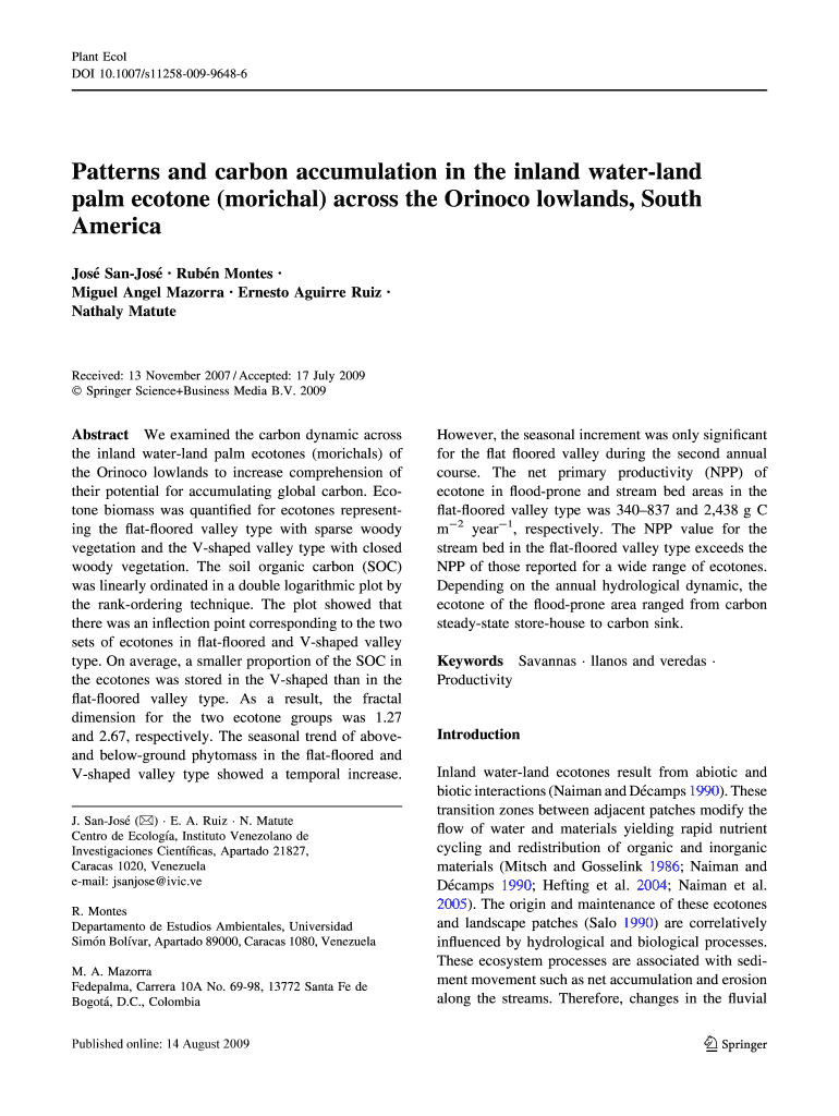 Patterns and Carbon Accumulation in the Inland Water Land Palm Ecotone Morichal across the Orinoco Lowlands South America PDF Fo  Form