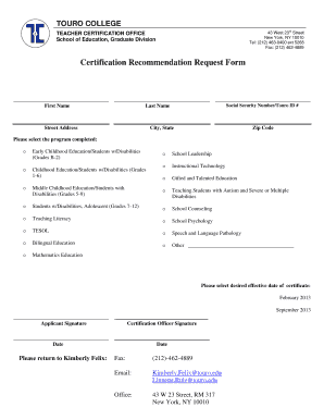 Touro College Recommendation Forms
