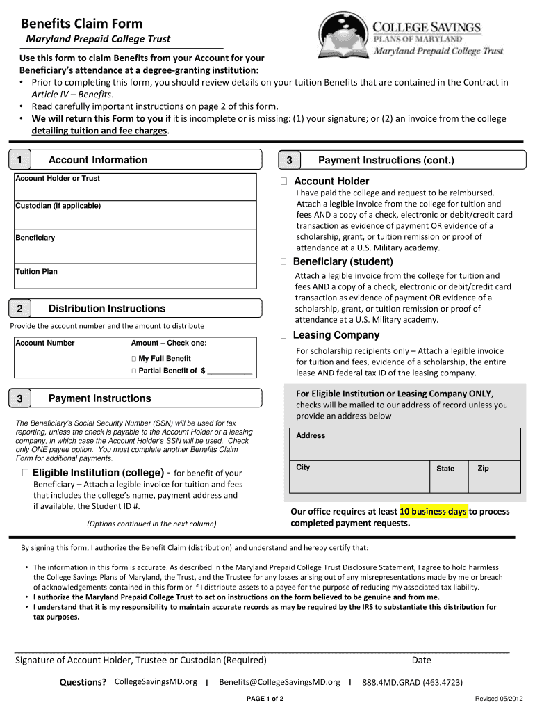  Maryland Prepaid College Trust Benefits Claim Form 2012-2024