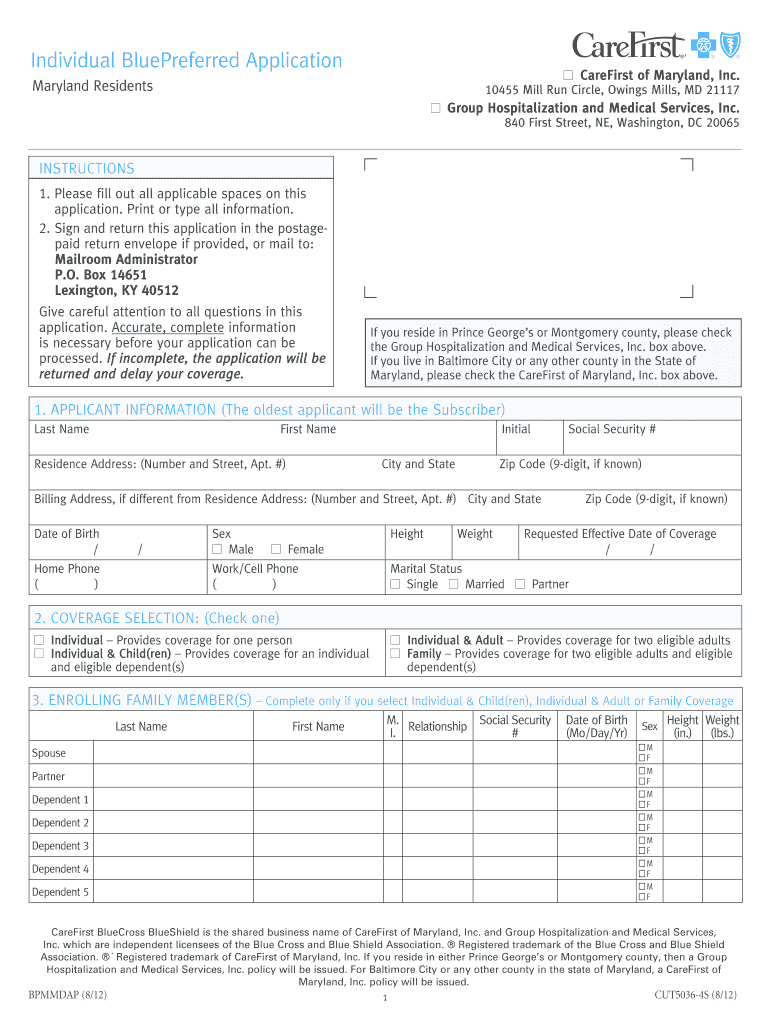  Individual Bluepreferred Application Maryland Residents Form 2012-2024