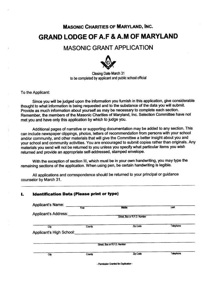 Masonic Charities of Maryland Scholarship Form Fill Out and Sign