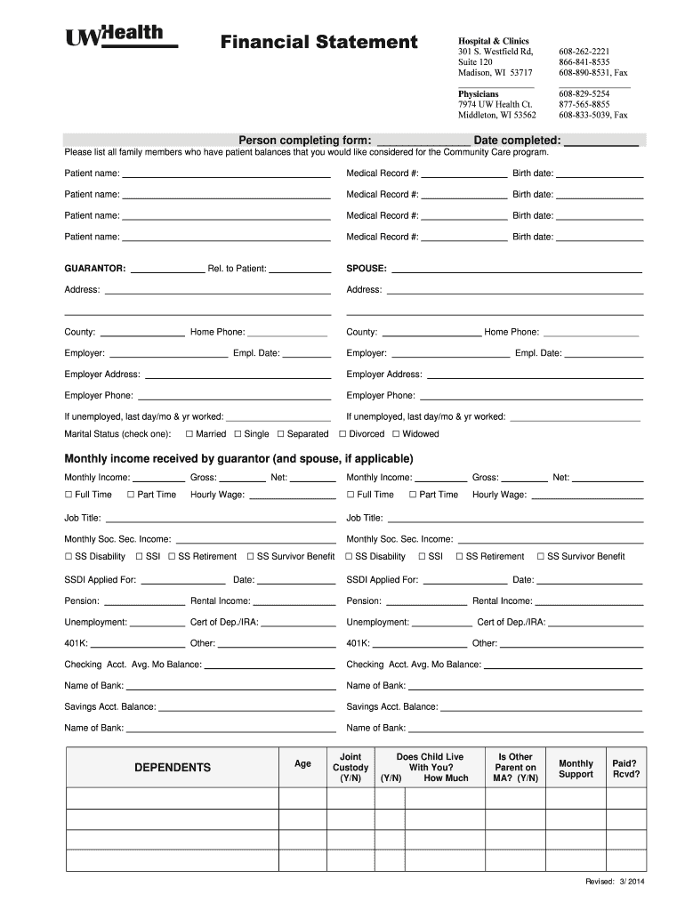 Patient Financial Statement  UW Health  Uwhealth  Form