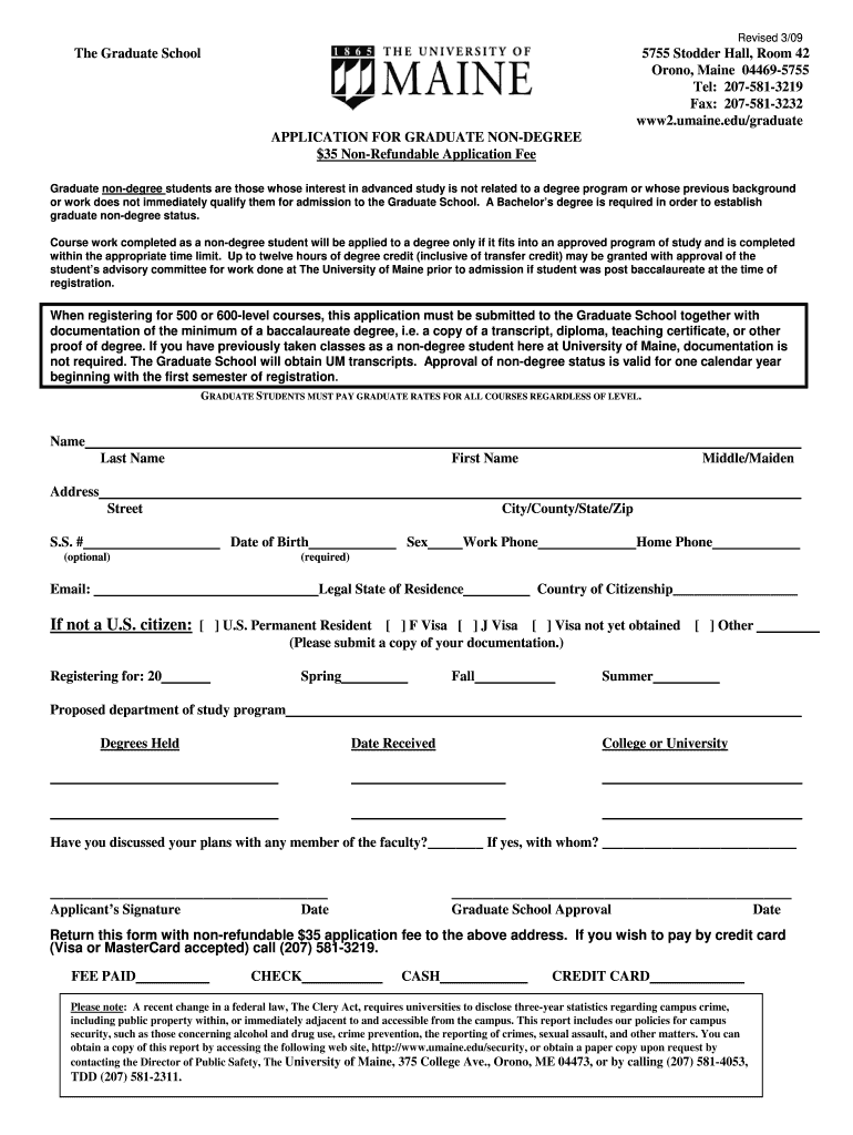  Graduate Nondegree Applicationregistration Form  University of Maine  Umaine 2009